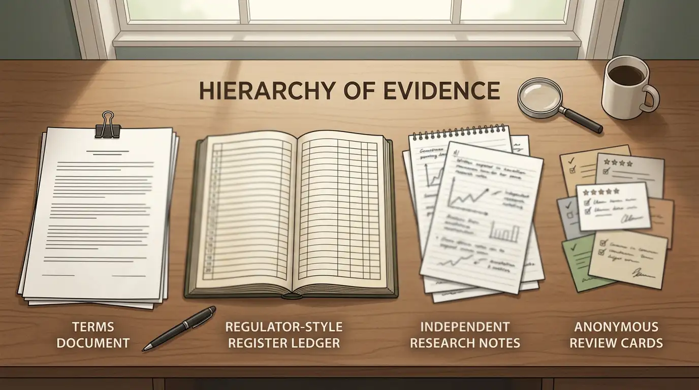 Editorial illustration showing official terms, a regulator register, independent sources and user reports as separate evidence layers