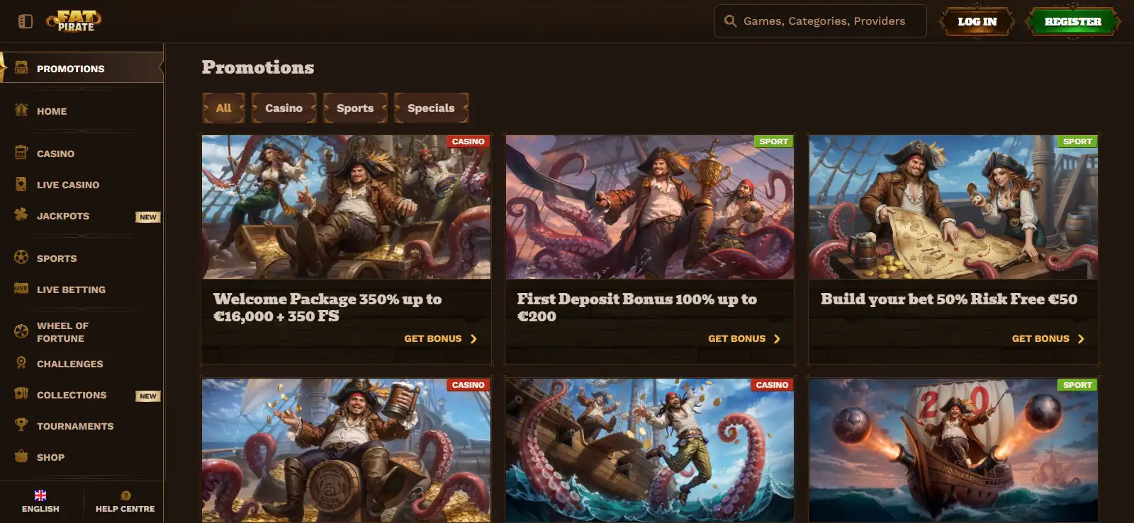 FatPirate promotions page showing current casino offers
