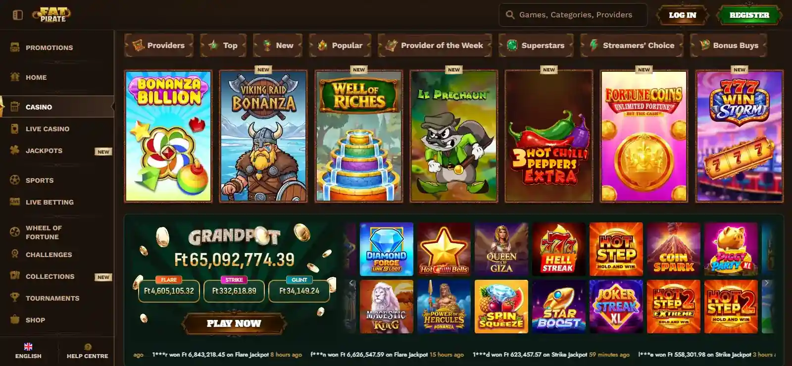 FatPirate casino lobby showing game categories